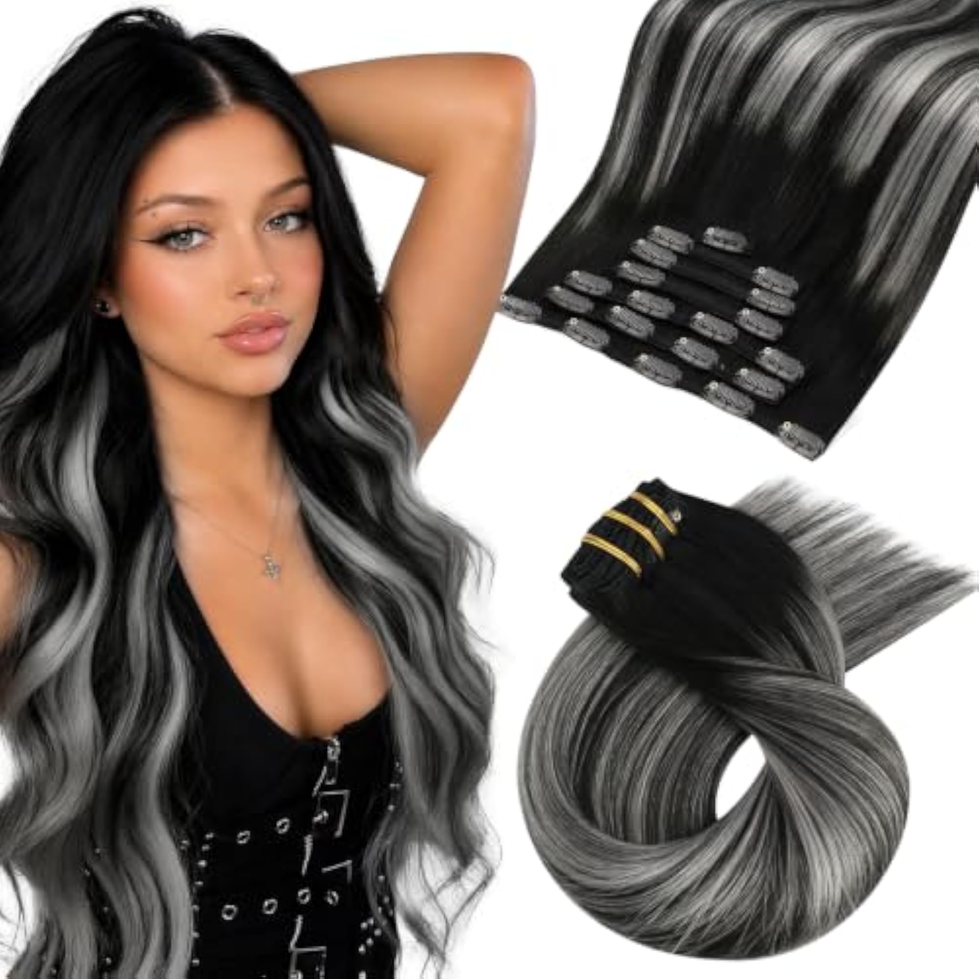 24 Inch Clip-In Extensions Human Hair Balayage, Off Black to Silver Grey